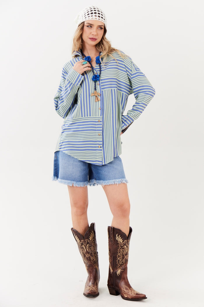 Yacamim Green Striped Loose Shirt A10