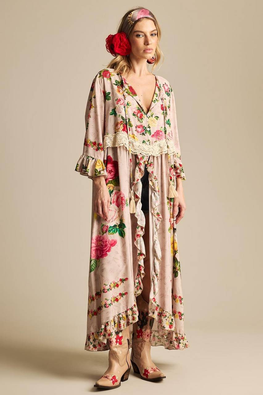 Yacamim C27 Beige Floral Print Midi Dress With Front Slit