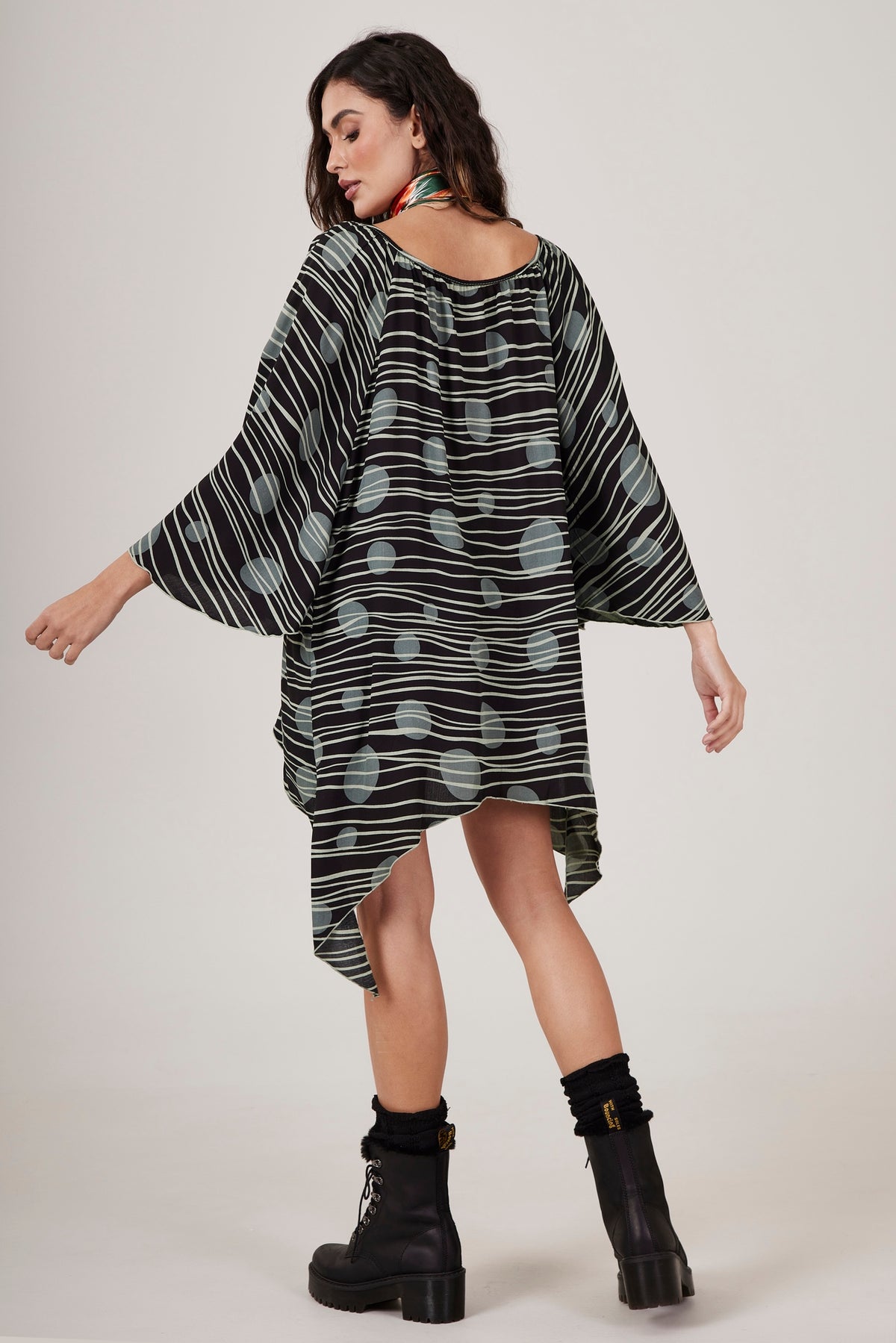 Yacamim B2 Black and Green Polka Dot Print Loose Blouse with Points