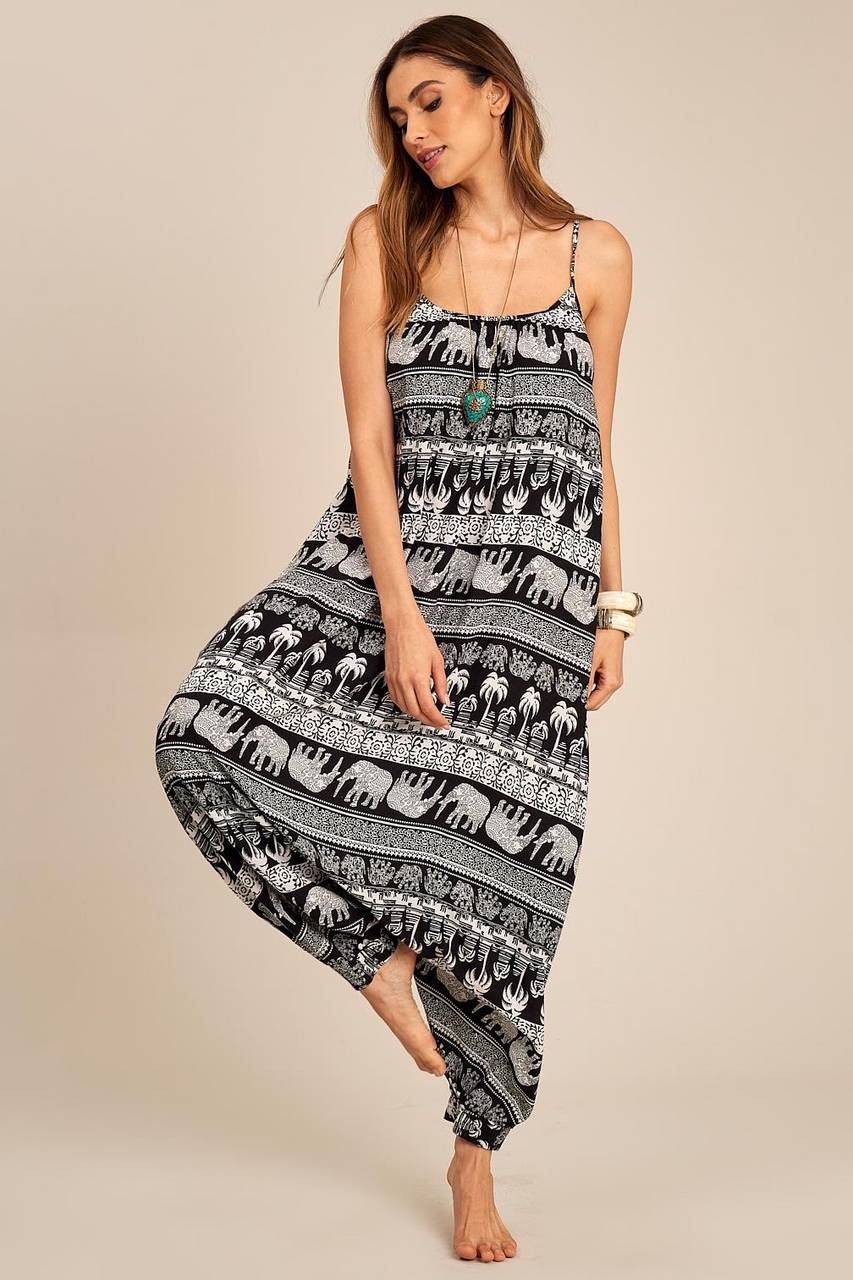Yacamim O6 Black Printed Sarouel Jumpsuit with Straps