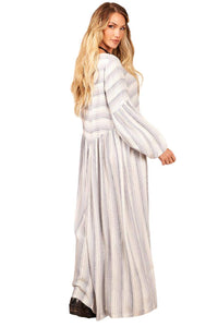 Off-White Striped Long Dress with Puffy Long Sleeves Yacamim