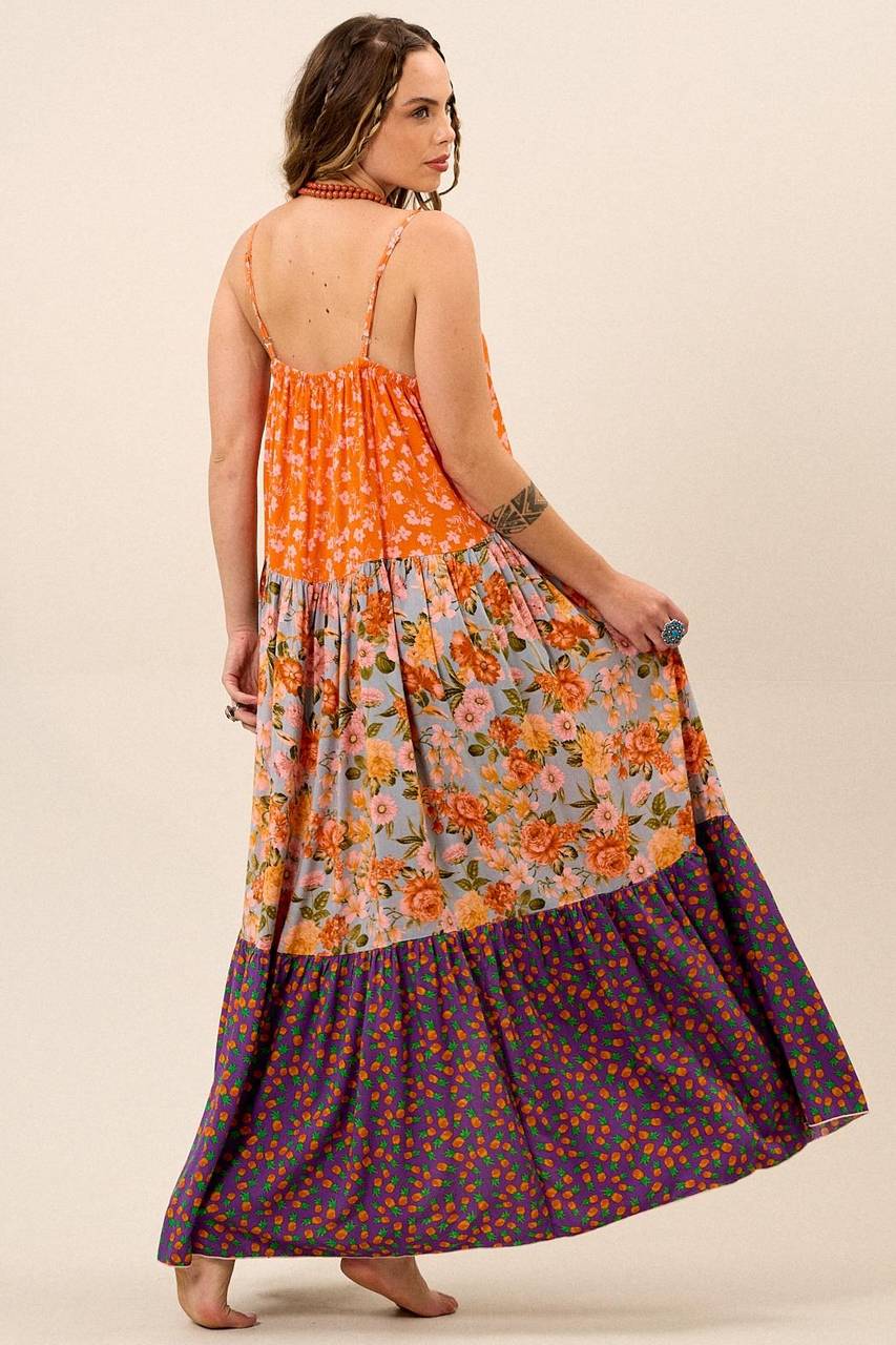 Yacamim Women's Long Orange Patchwork Button-Front Dress K3