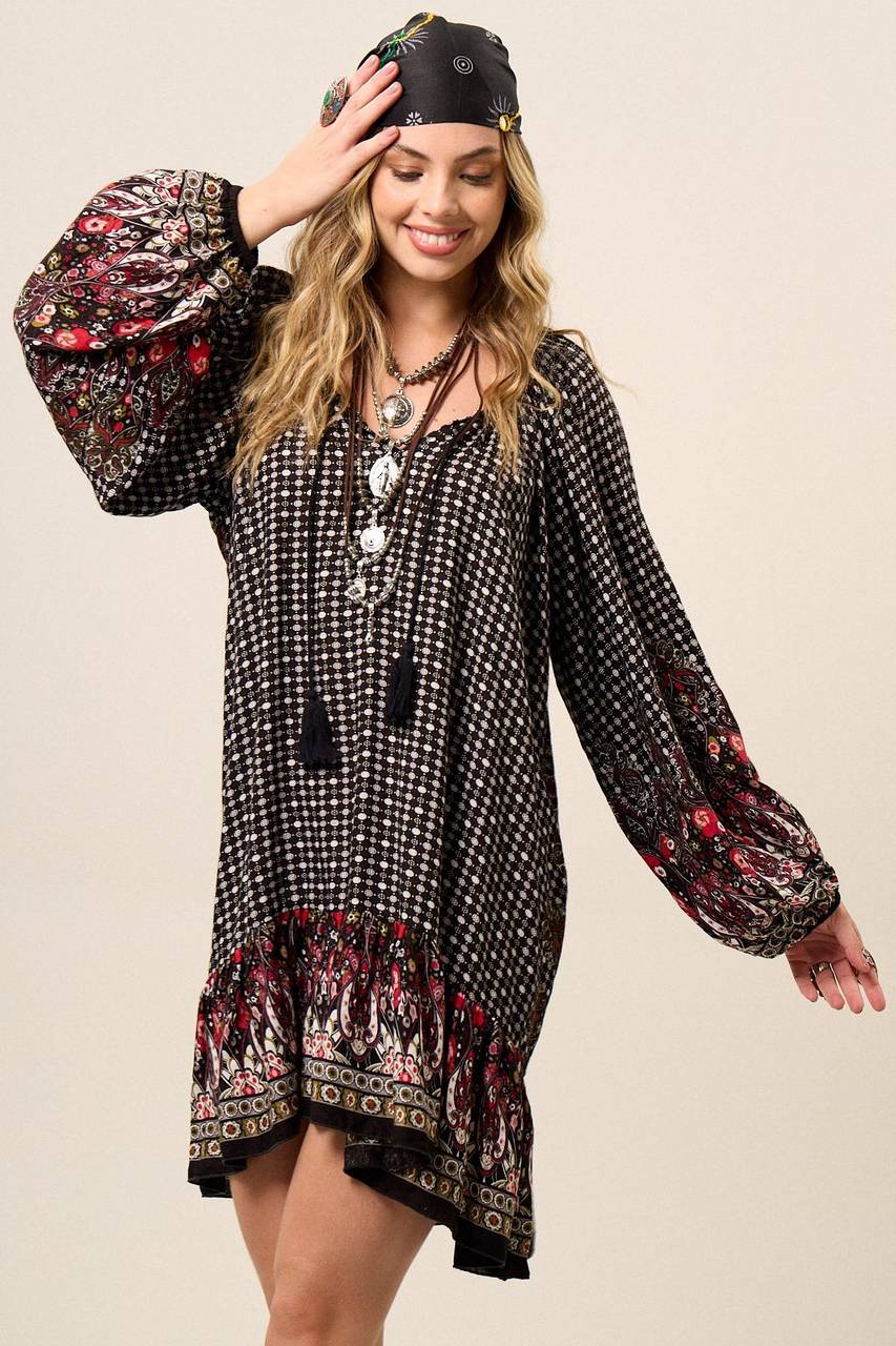 Yacamim Black Printed Short Dress with Long Puff Sleeves