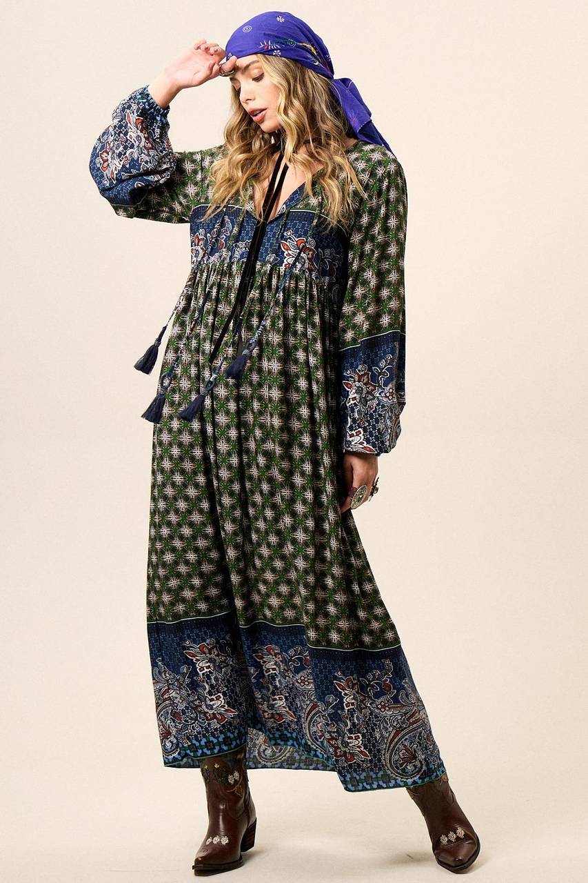 Yacamim Women's Green Patchwork Paisley Print Long Dress with Puffy Sleeves