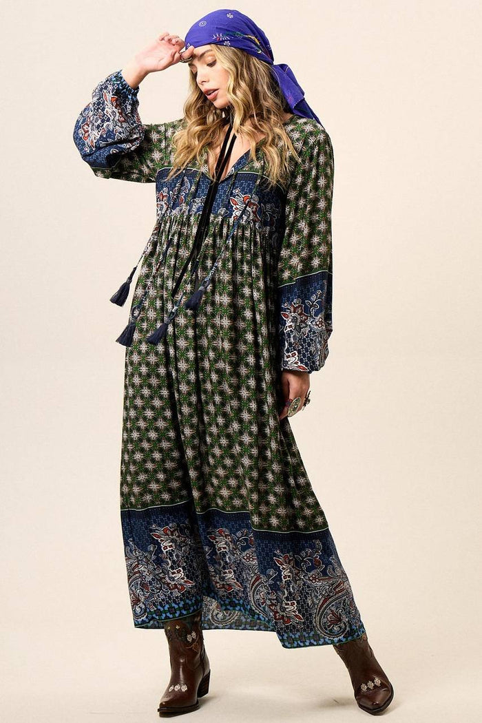 Yacamim Women's Green Patchwork Paisley Print Long Dress with Puffy Sleeves