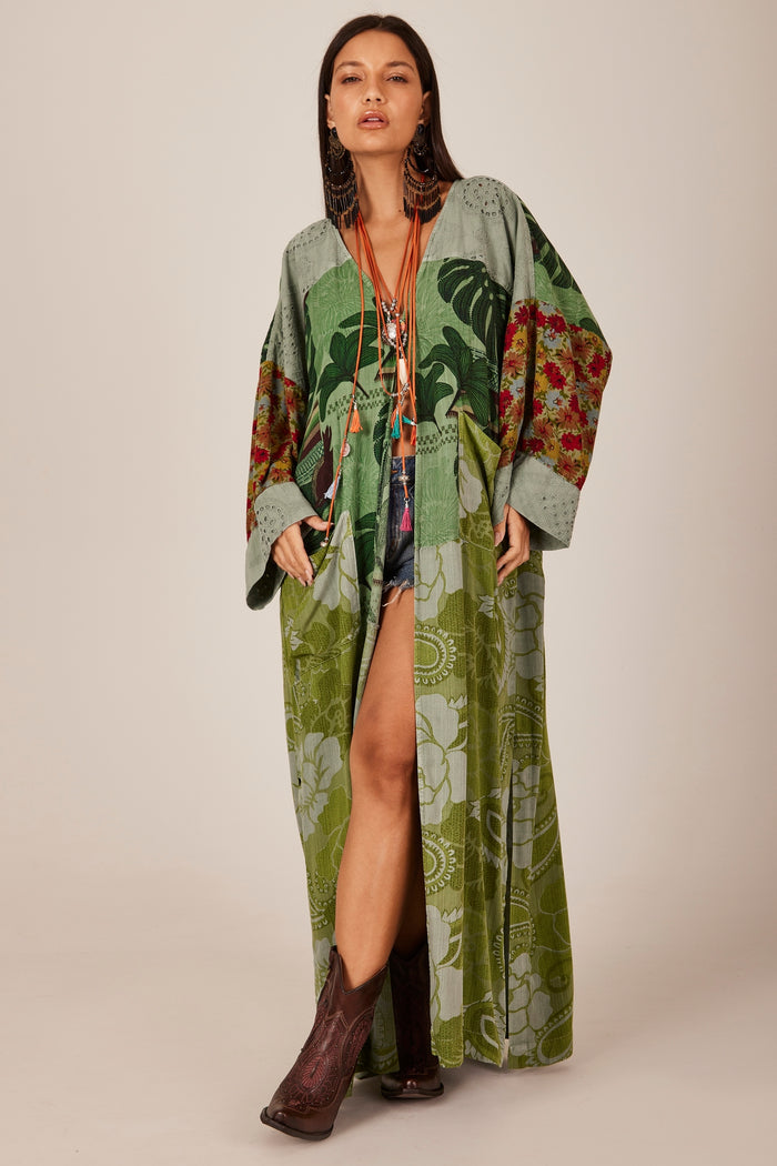 Green Broderie Patchwork Long Kimono Yacamim J2