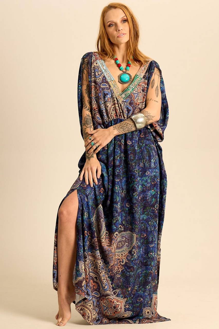 Long Paisley Print V-Neck Dress Yacamim