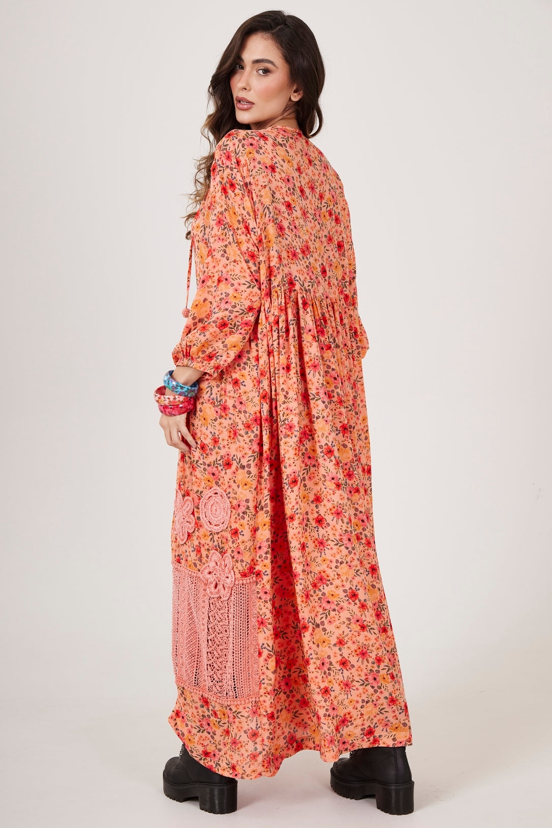 Yacamim Rosé Printed Long Dress with Lace and Crochet E2