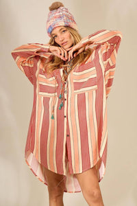 Chemise Amplo Alongado De Linho Rosé Estampado Listrado Yacamim N8