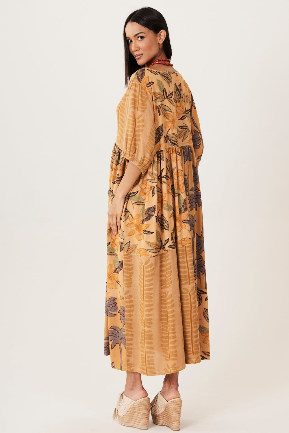 Light Brown Patchwork Midi Dress Yacamim E28