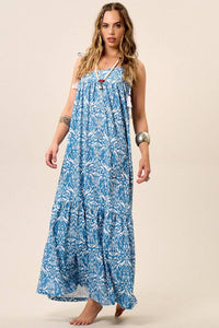Yacamim Printed Blue Asymmetrical Cutout Strappy Maxi Dress