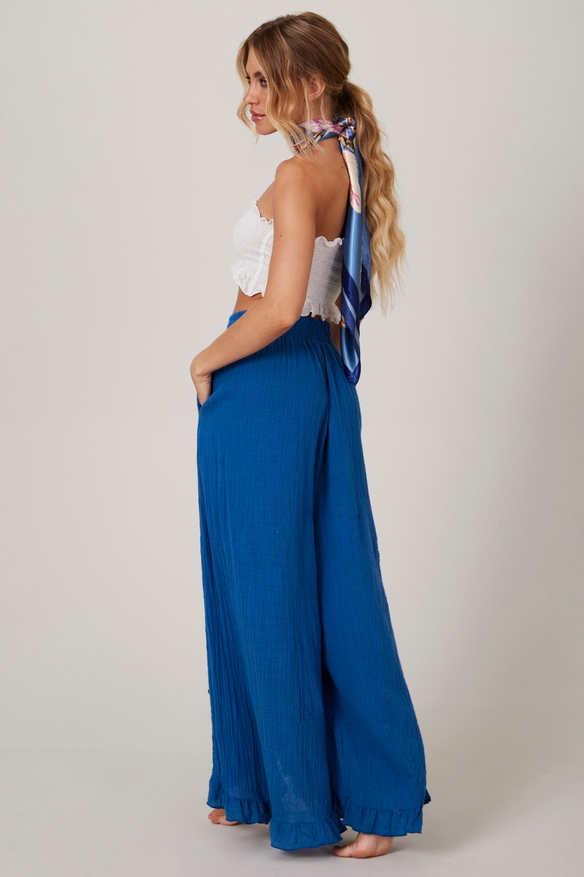 Yacamim Blue Plain G1 Pants with Opening and Ruffles