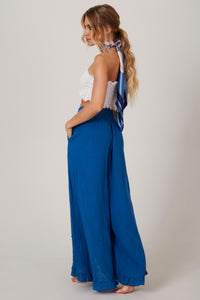 Yacamim Blue Plain G1 Pants with Opening and Ruffles