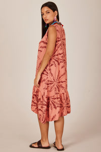Yacamim E21 Pink Printed Linen Sleeveless Short Dress