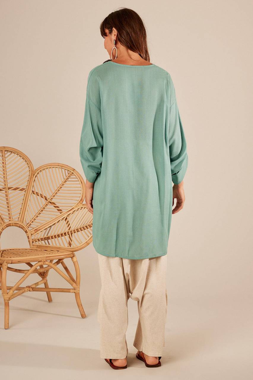 Yacamim Mint Green Loose V-Neck Shirt with Front Pleat