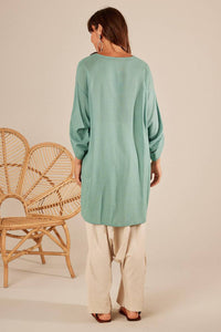 Yacamim Mint Green Loose V-Neck Shirt with Front Pleat