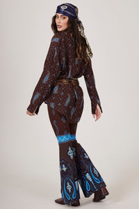Yacamim A30 Dark Brown Flare Pants with Blue Paisley Print