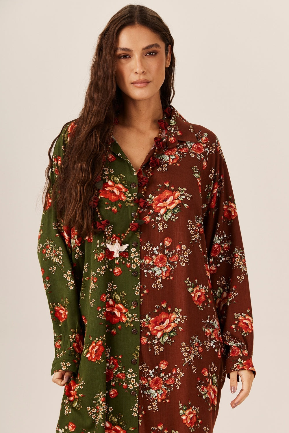 Yacamim Burgundy And Green Patchwork Wide Shirt M7