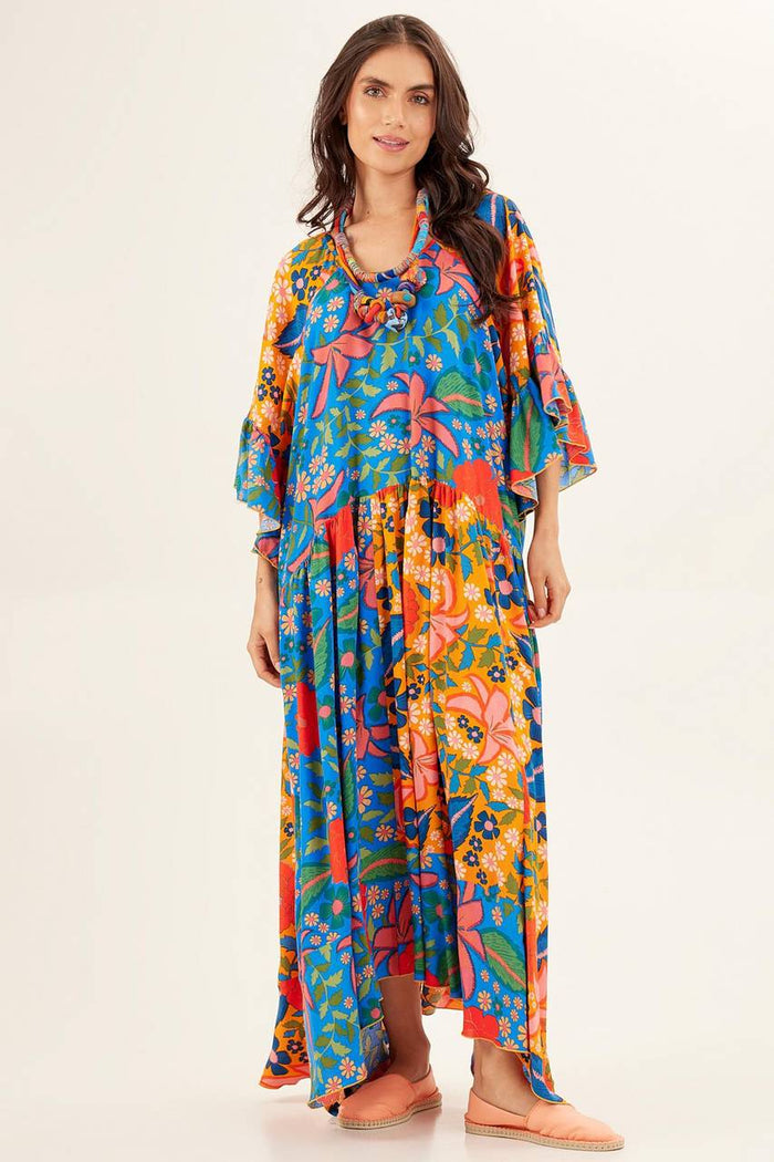 Yacamim Blue and Yellow Patchwork Round Neck Long Dress