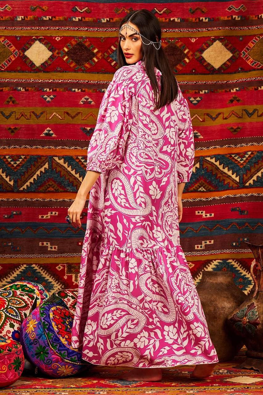 Yacamim Printed Pink Long Chemise Dress with 3/8 Puffed Sleeves