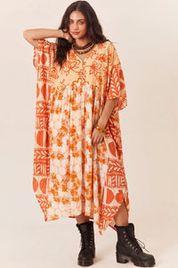 Kaftan Midi Com Manga 3/8 Laranja Patchwork