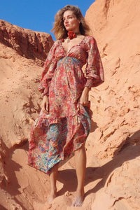 Long Dress V-Neck Off-Shoulder Pink Printed Patchwork Yacamim E11