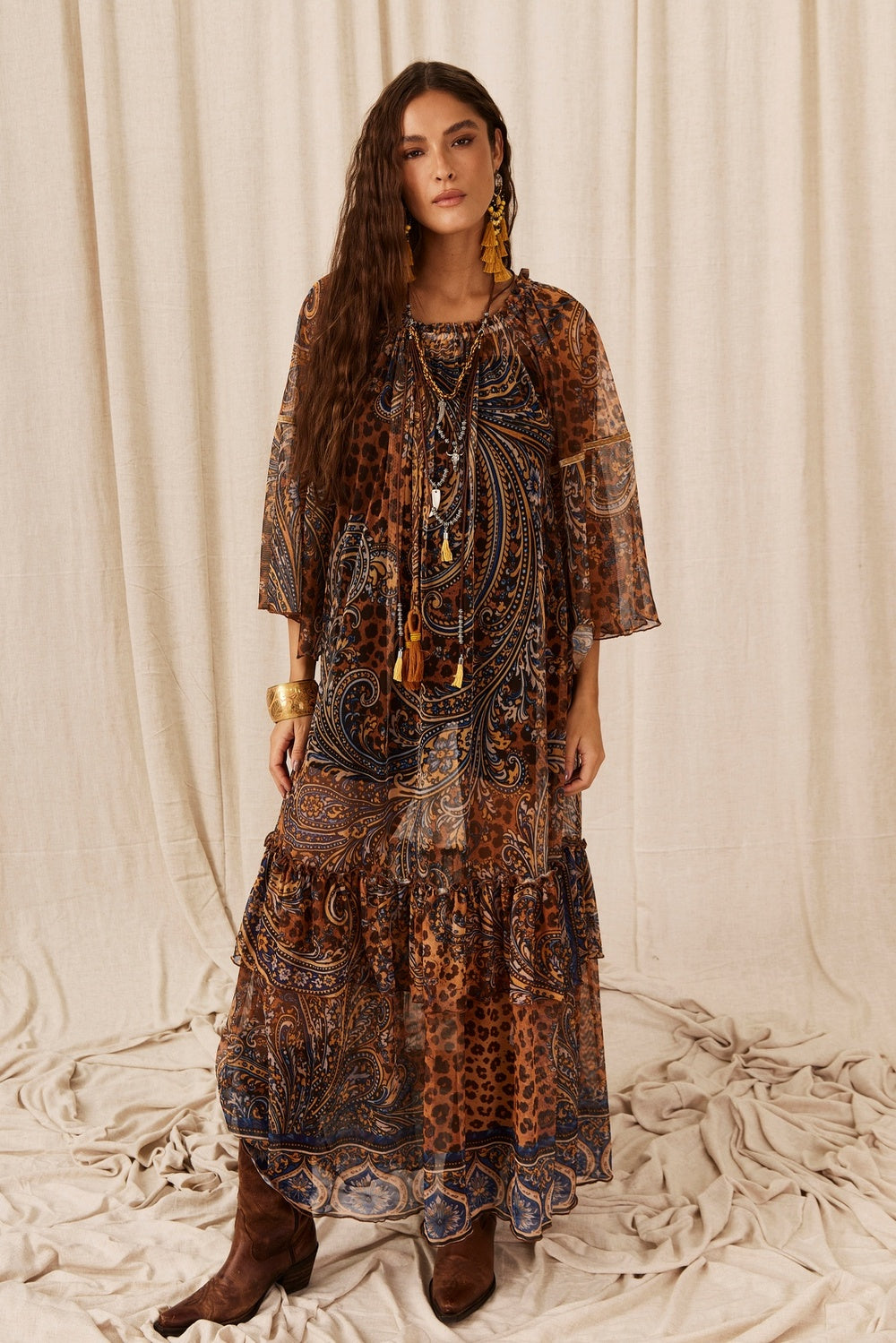 Yacamim E3 Paisley Animal Print Off-the-Shoulder Tulle Maxi Dress