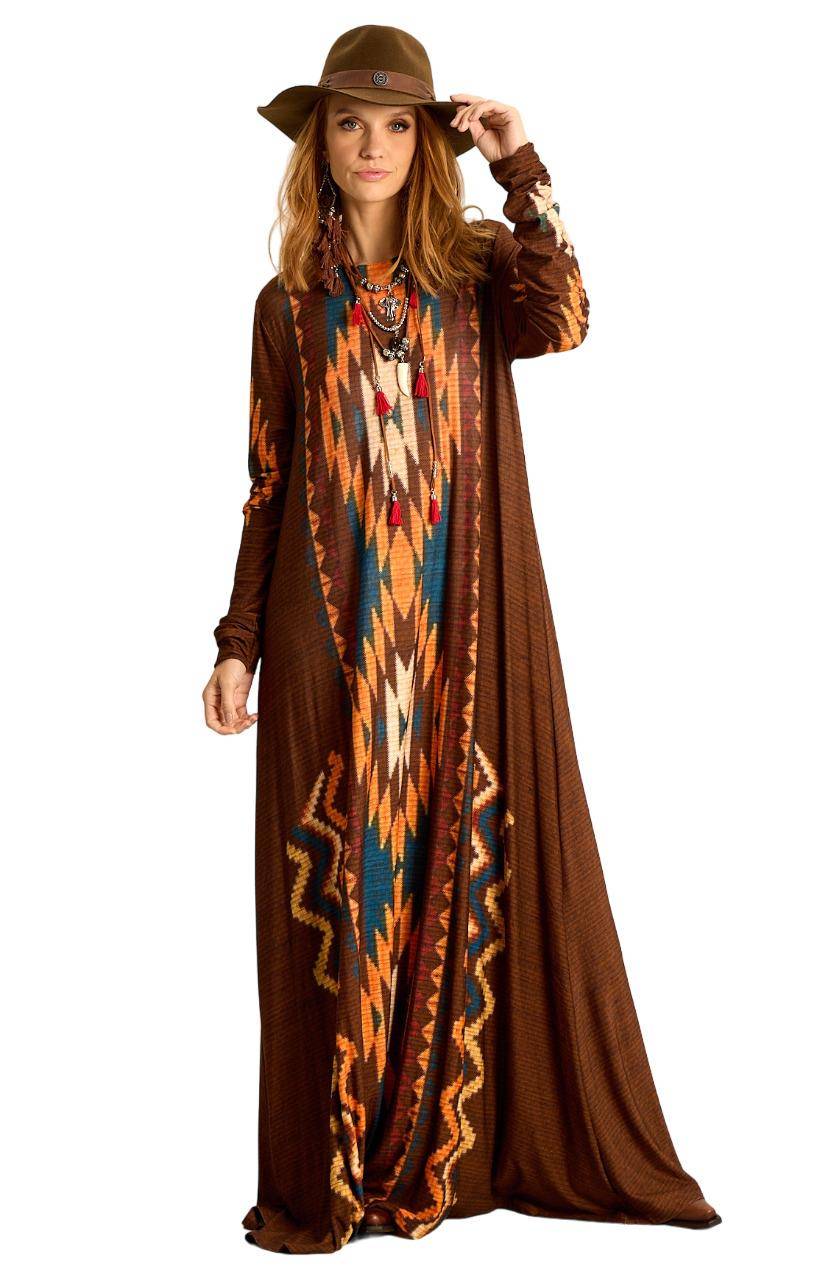 Long Brown Printed Yacamim Dress with Fitted Long Sleeves C18