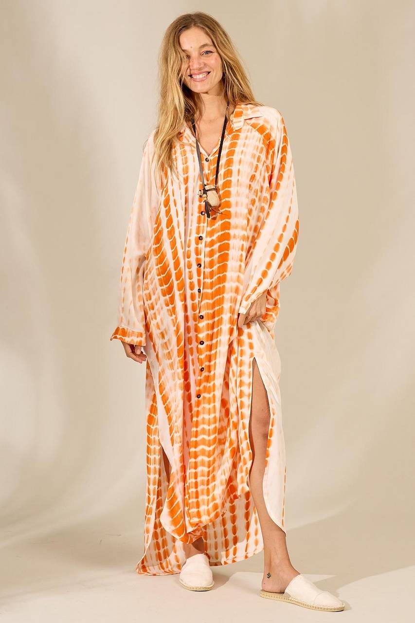 Yacamim Digital Tie Dye Print Long Orange Shirt