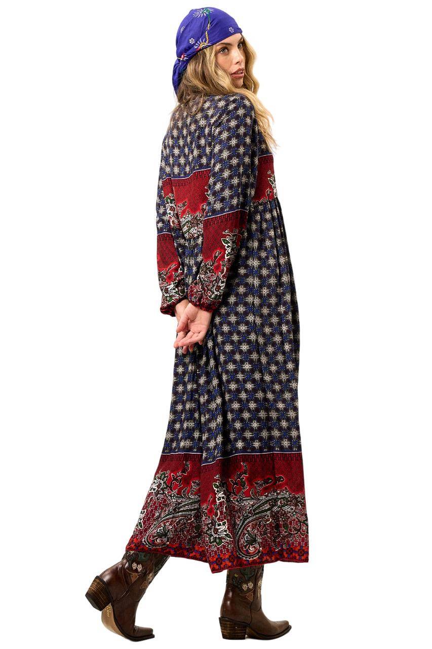 Long Blue and Red Printed Yacamim Dress with Puff Long Sleeves
