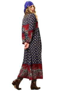 Long Blue and Red Printed Yacamim Dress with Puff Long Sleeves
