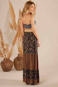 Long Skirt With Smocked Waist Dark Green Patchwork Yacamim G3