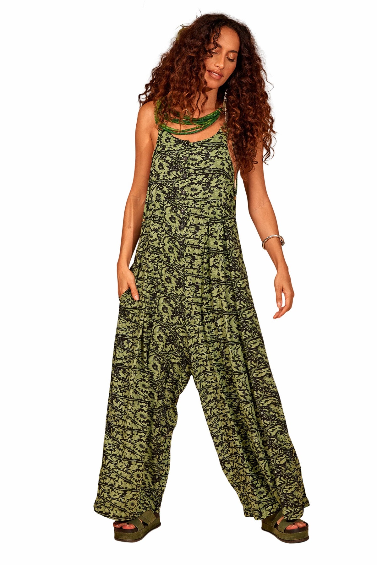 Yacamim Printed Jumpsuit with Eyelets on Straps
