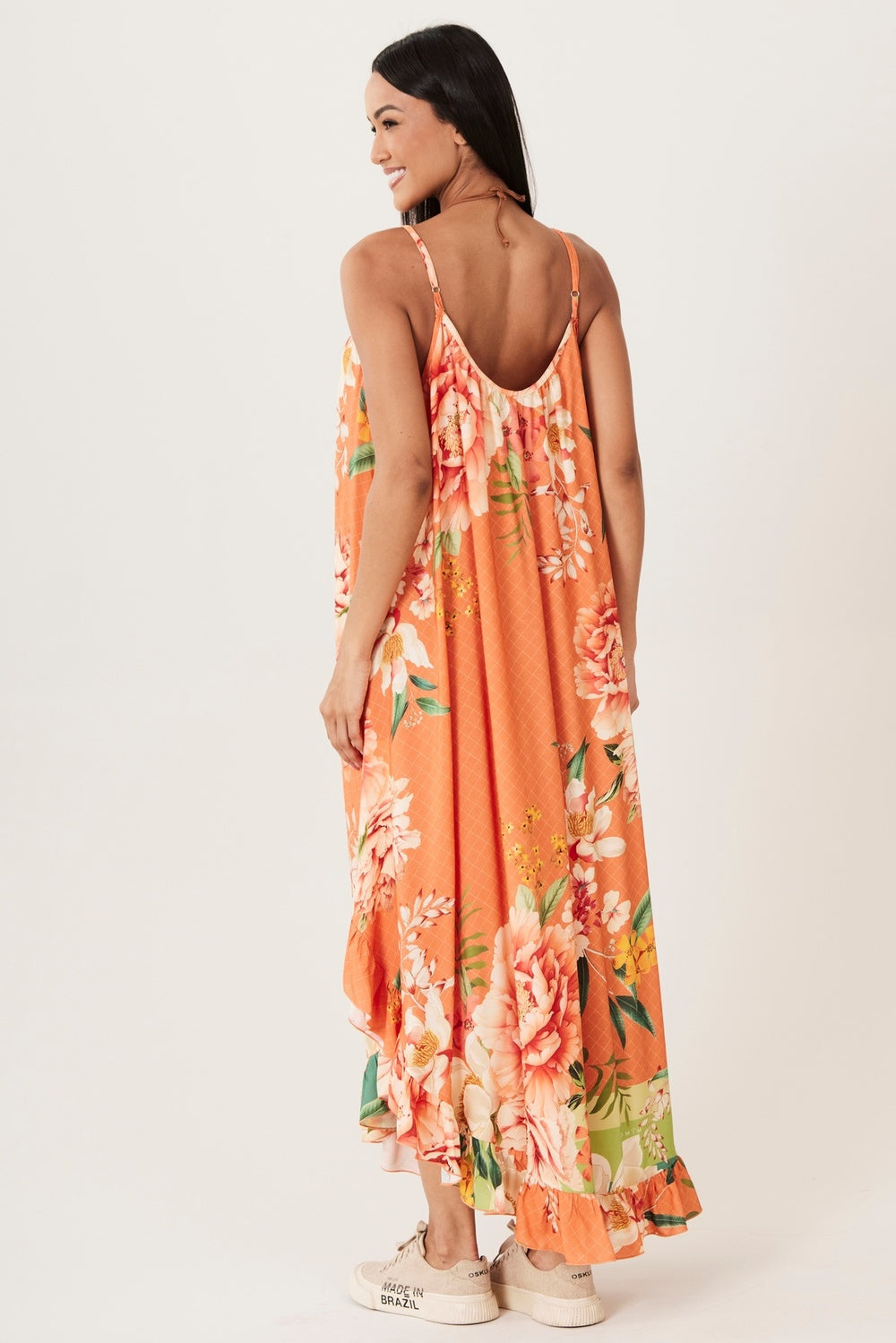 Yacamim Orange Printed Adjustable Straps Midi Dress E14