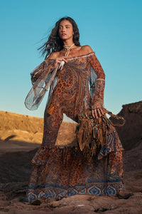 Yacamim E3 Paisley Animal Print Off-the-Shoulder Tulle Maxi Dress