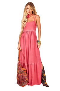 Yacamim Pink Linen Long Dress with Tie Straps