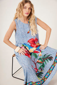Blue Sleeveless Long Dress with Macaw Print Yacamim C7