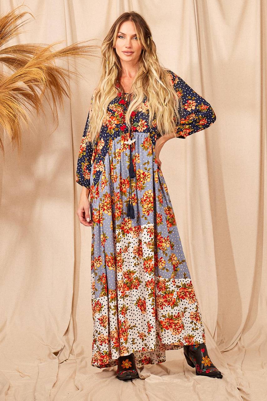 Yacamim D6 Long Patchwork Dress with Puffy Long Sleeves