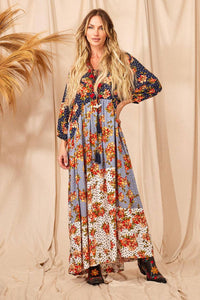 Yacamim D6 Long Patchwork Dress with Puffy Long Sleeves