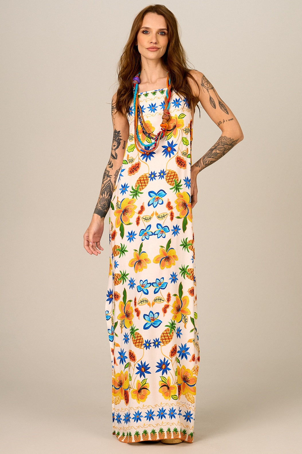 Yacamim C12 Beige Pineapple Print Long Strap Dress