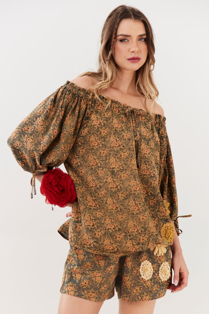 Paraty Blouse 100% Cotton Green Floral Print Yacamim R3