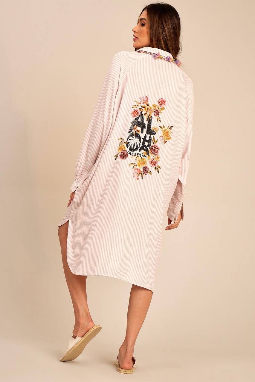 Yacamim Light Pink Striped Loose Shirt with Exclusive Back Print M2