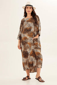 Yacamim Animal Print 3/8 Sleeve Midi Dress