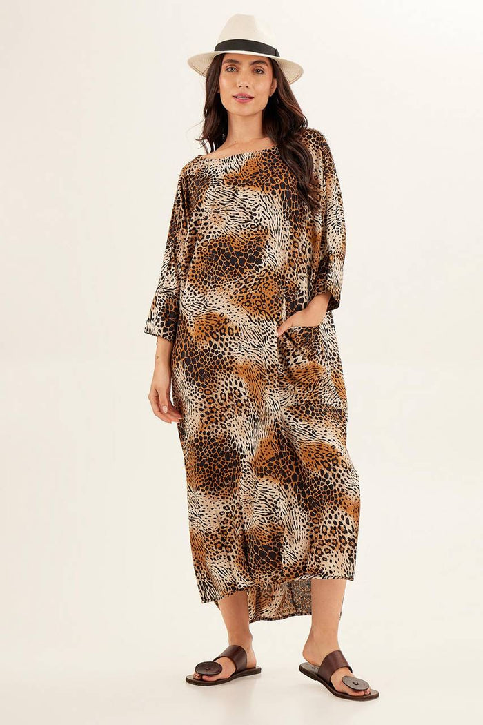 Yacamim Animal Print 3/8 Sleeve Midi Dress