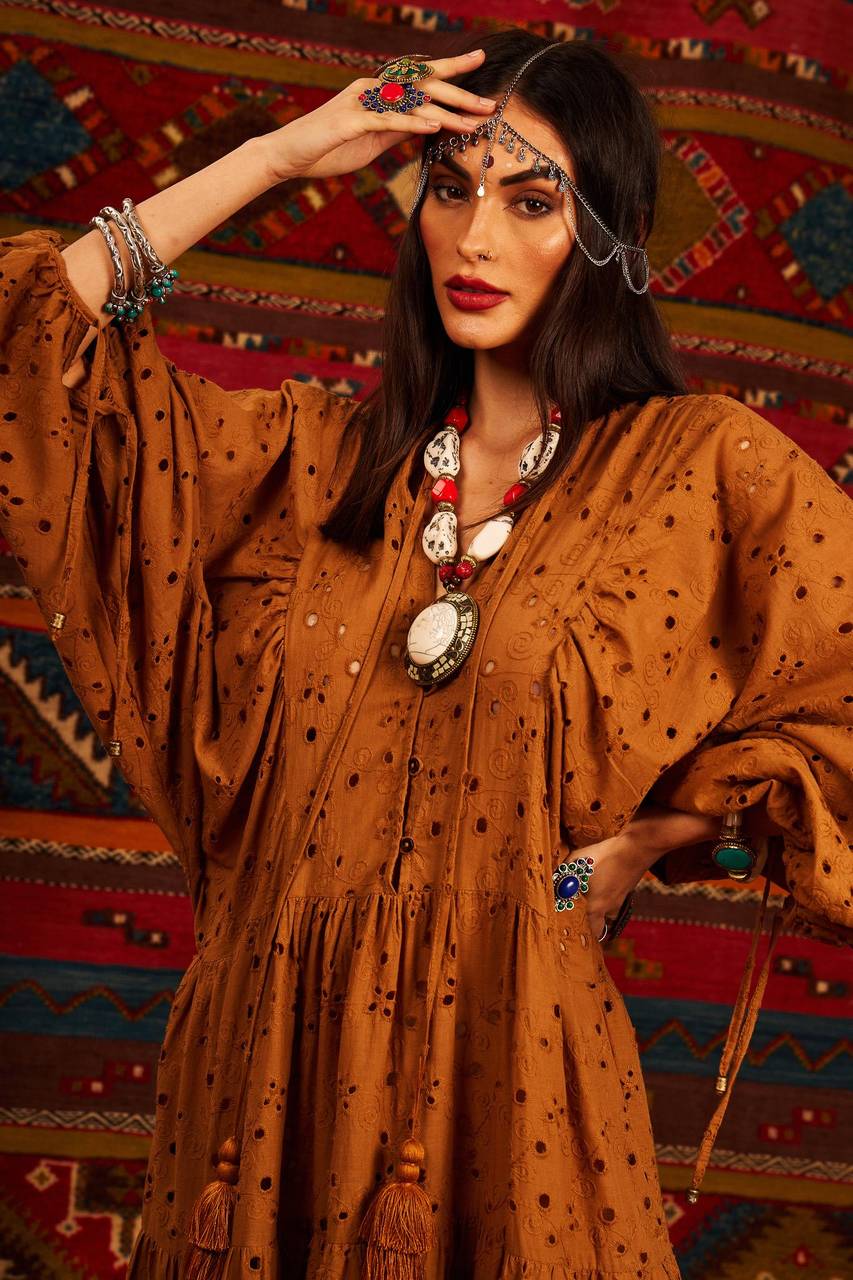 Yacamim Brown Broderie Long Dress with Puff Sleeves and V-Neck