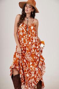 Yacamim C2 Long Printed Dress with Adjustable Straps Orange