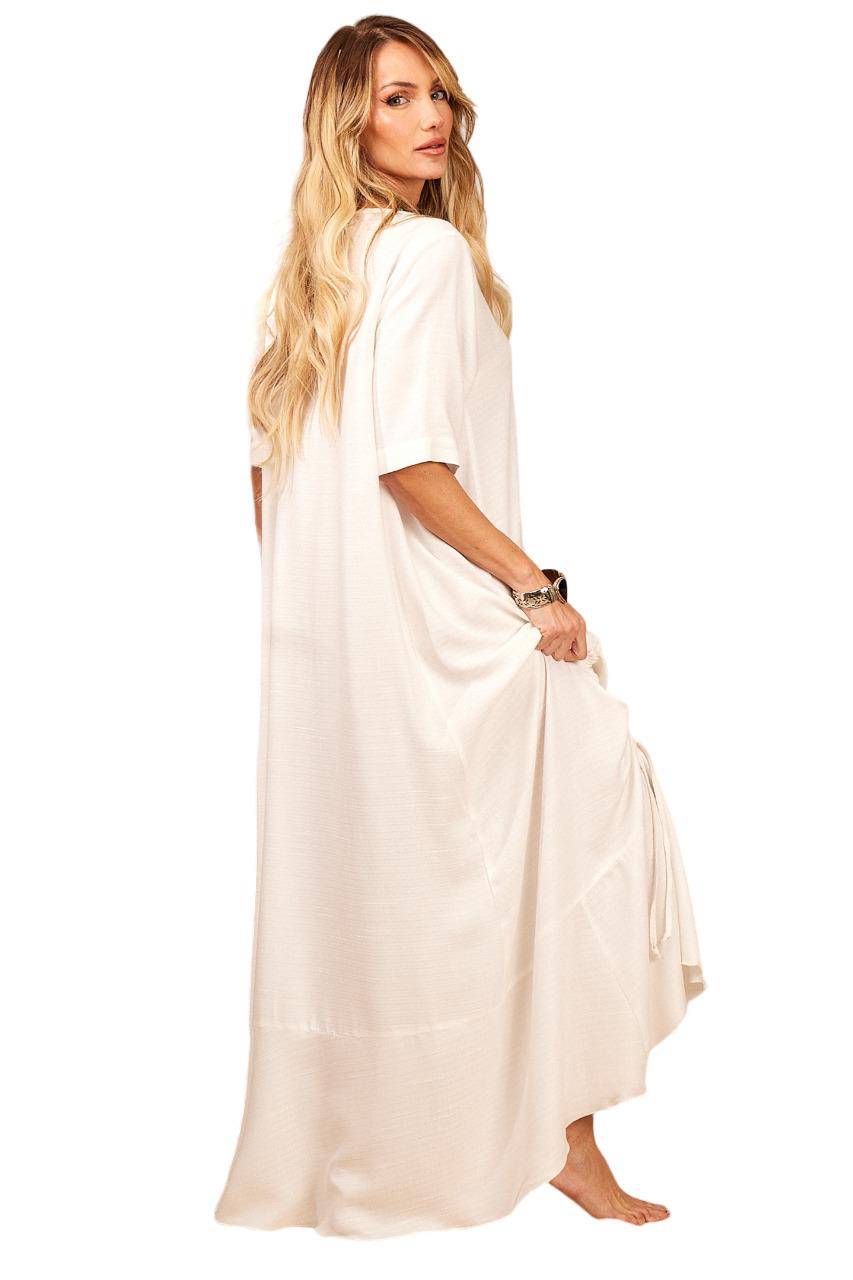 Yacamim Off-White Long Dress with Short Sleeves