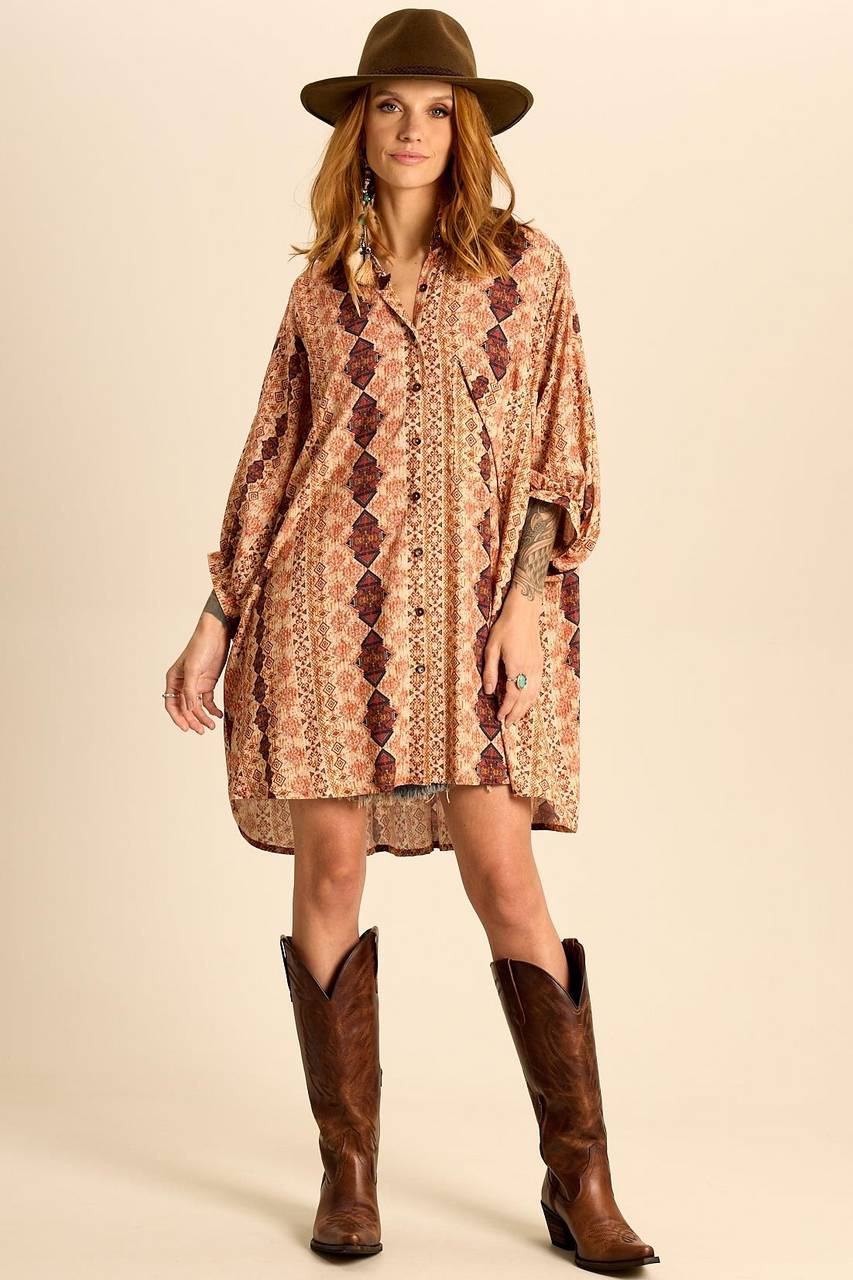 Yacamim A18 Wide Long Shirt with Puffy Long Sleeves and Print