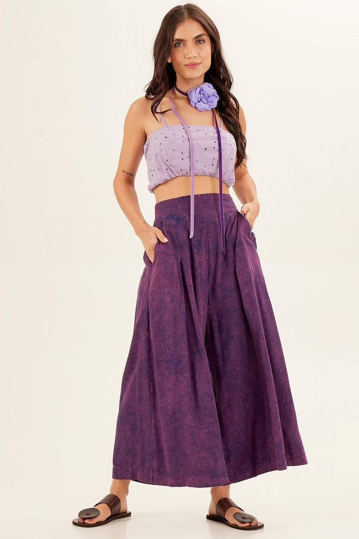 Yacamim Printed Purple High-Waisted Pantacourt Pants