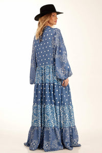 Yacamim Women's Long Wide Polyester Blue Printed Patchwork Dress